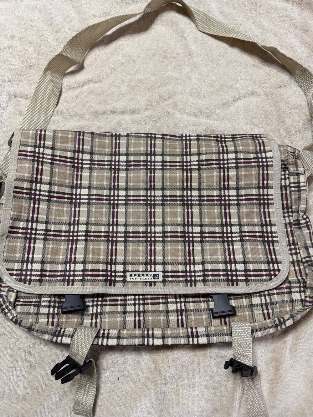 Sperry Beige Plaid Messenger Bag with Burgundy Accents